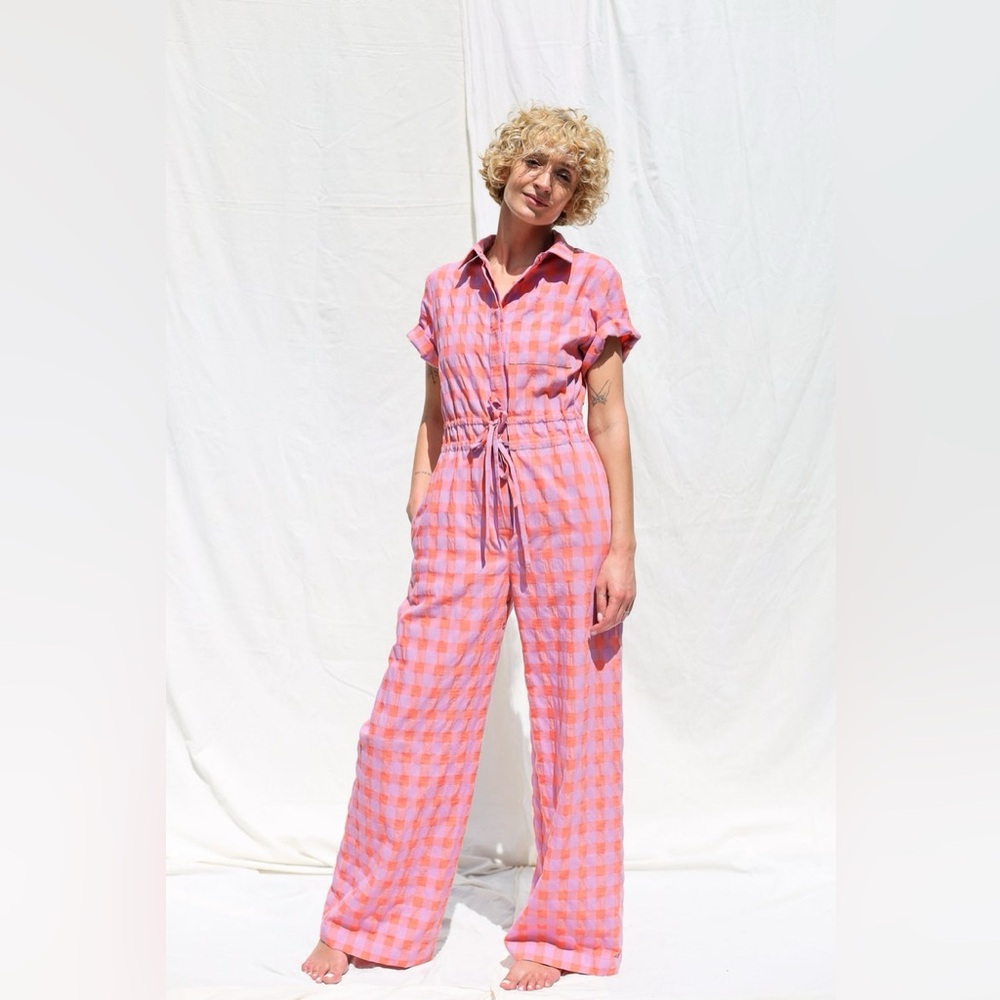Seersucker Pink Orange Gingham Women's Jumpsuit XXS OffOn